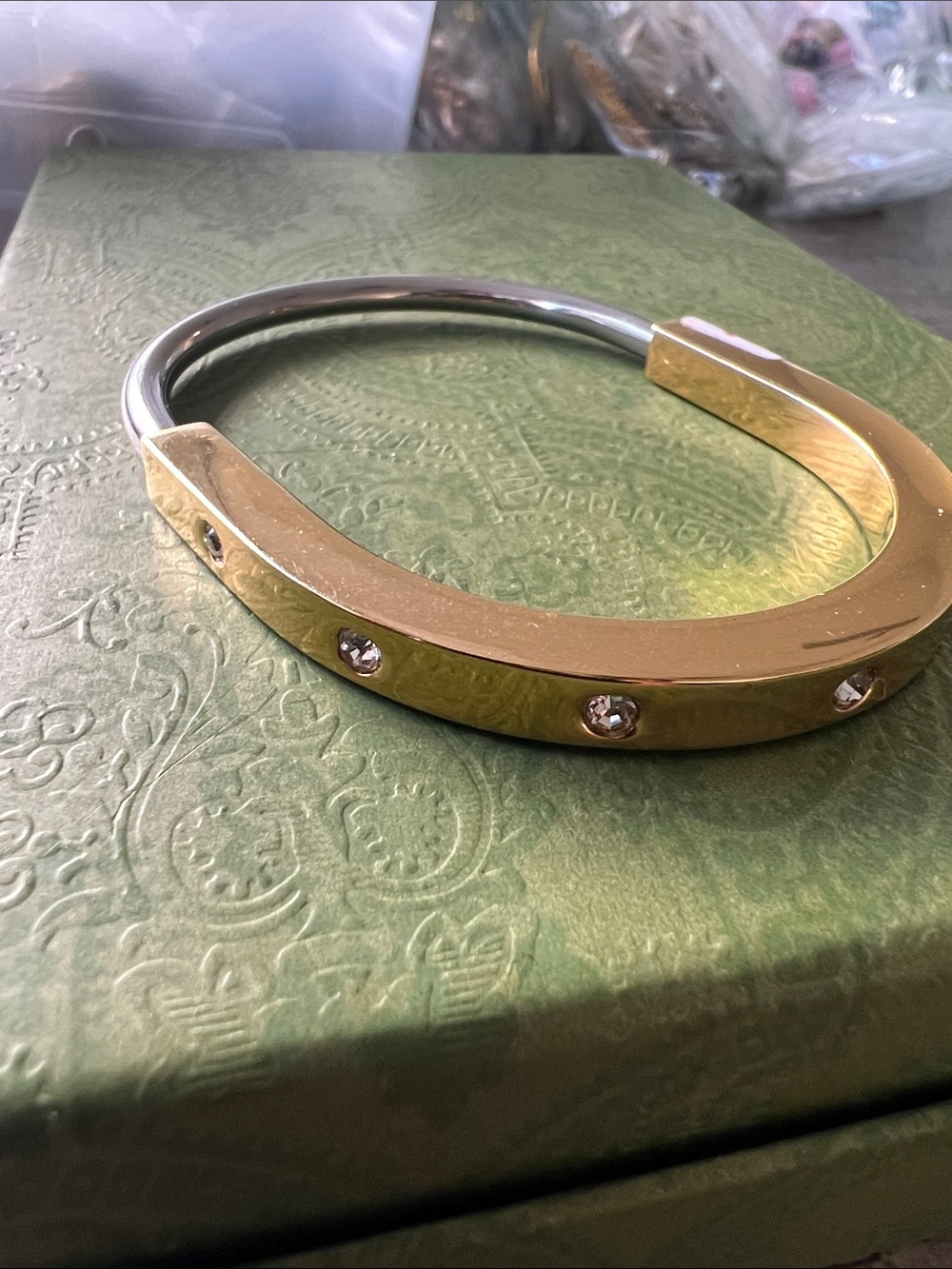 Stainless steel plated 18k Gold + Silver Crystal Bangle Bracelet jewelry oval